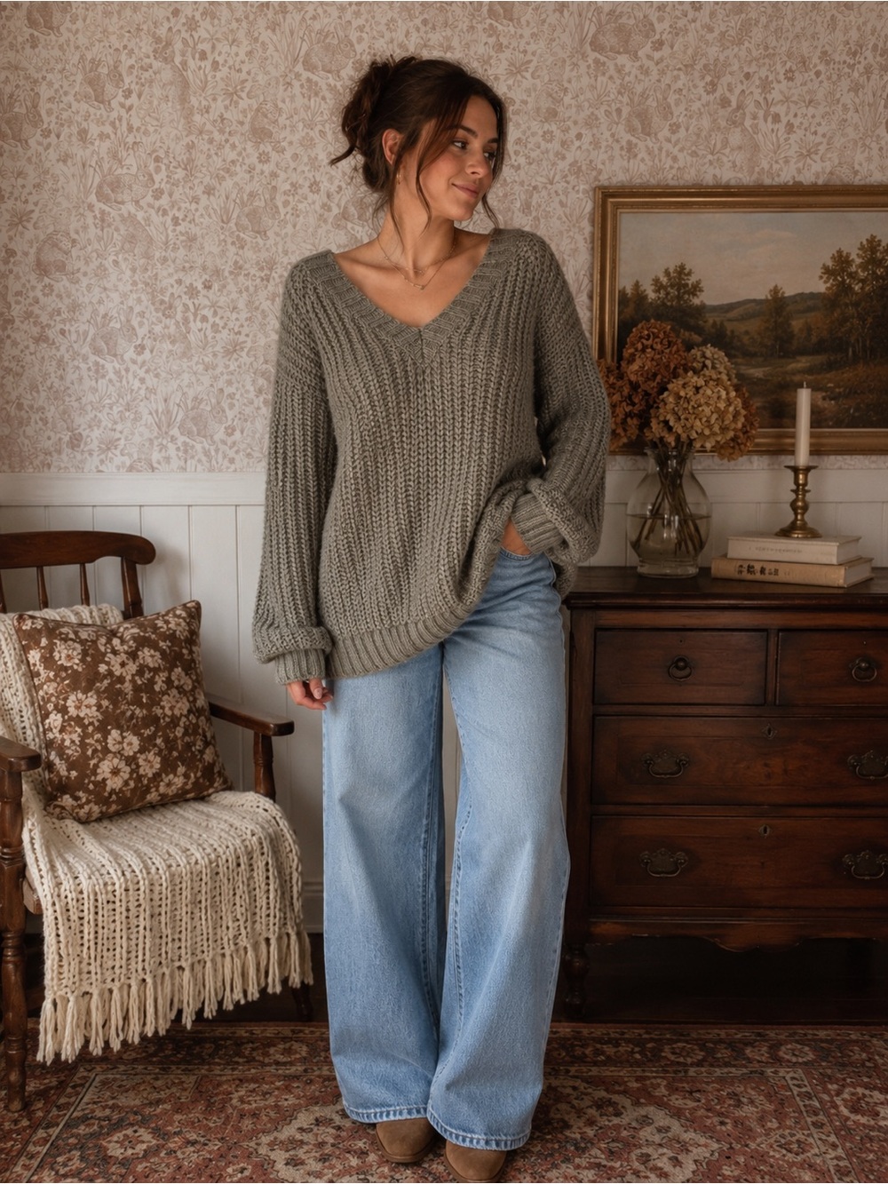 American Eagle Outfitters Olive Green V-Neck Chunky Knit Sweater